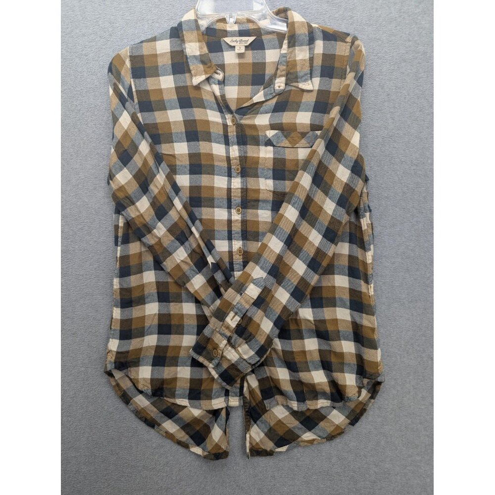 Lucky Brand Shirt Womens Small Brown Navy Plaid Button Back Hi Low Hem Top